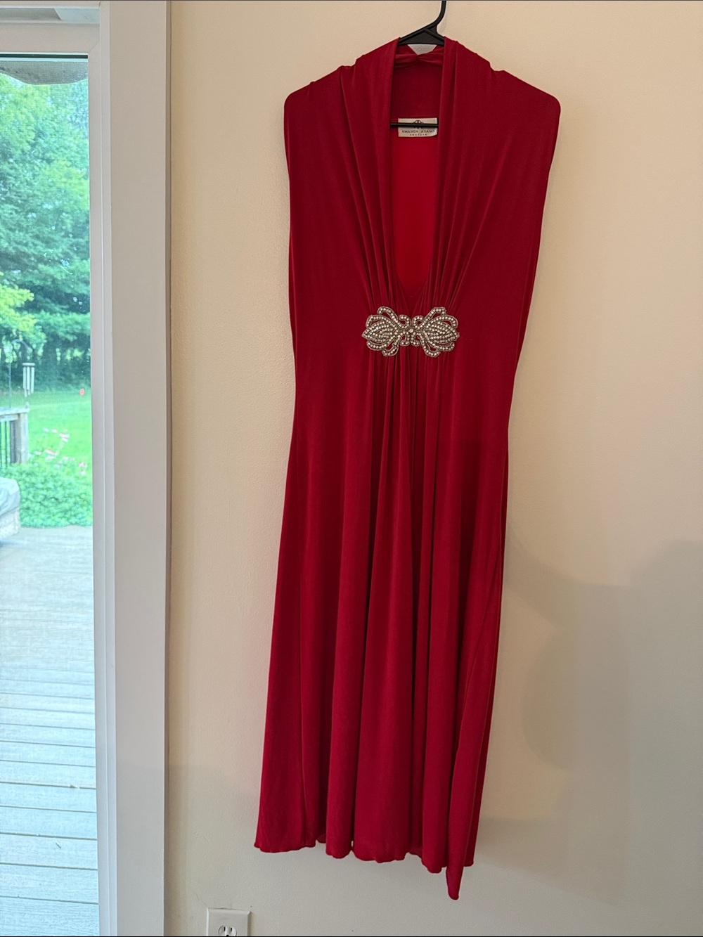 Sleeveless Red Midi Dress with Jeweled Waist Accent